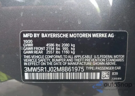 2021 BMW 330I z USA, uszkodzony, nr VIN 3MW5R1J02M8B61975